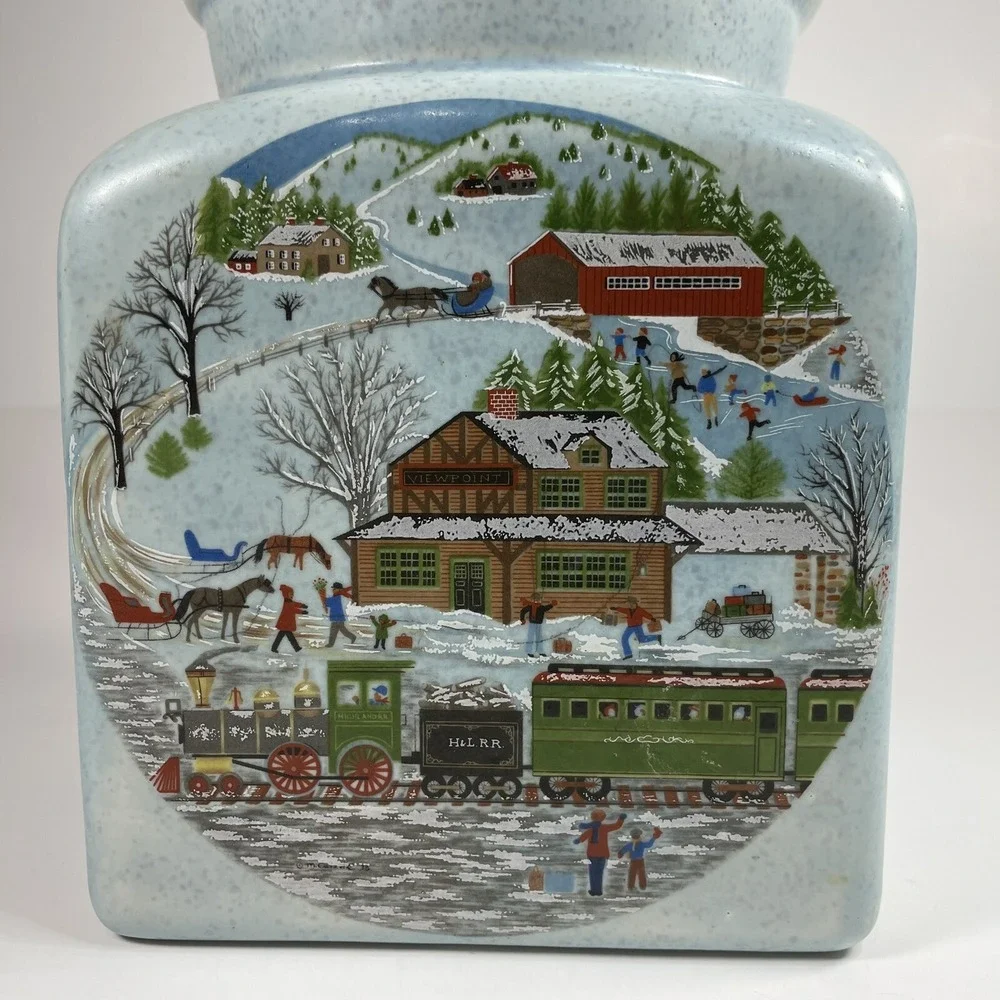 Vintage Ceramic Pale Blue Spackle Lidded Cookie Jar  Winter Small Town Picture